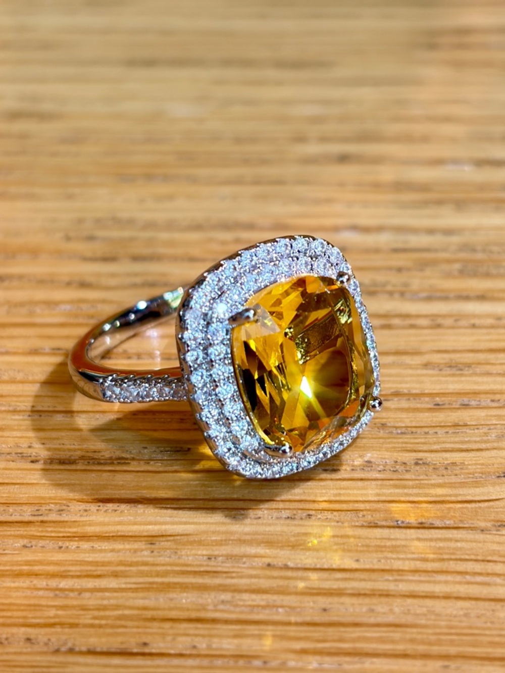 Silver Tone Fancy Giant Elongated Cushion Imitation Citrine Halo Style